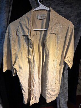 80's/90's Vintage Cubavera Mens Shirt Short Sleeve S Beige Embroidered